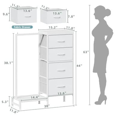 HIGDBFE Dresser with Hanging Rack, 4 Drawers Small Closet for Bedroom, Reversible Fabric Chest of Drawers with Clothes Rack, Tall Storage Tower, Sturdy Frame, White, 44''H - Image 5