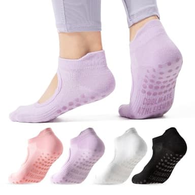 CoolMate Pilates Socks with Grips for Women, Yoga Socks, Crew Non Slip Women for Workout, Barre, Pilates Gifts (US, Numeric, 6, 10, Regular, Regular, 4 Pairs Open Top Pink/White/Light Purple/Black) - Image 8
