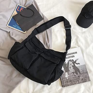 GAXOS Aesthetic Cute Messenger Bag for School Vintage Black Canvas Crossbody for Women Shoulder Laptop Bag - Image 2