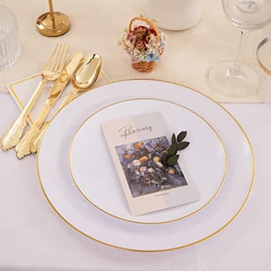 KIRE 100PCS Disposable Plates - White with Gold Rim for Thanksgiving Party/Wedding - Includes 50Pieces 10.25inch Dinner and 50Pieces 7.5inch Dessert/Salad Plates - Image 4