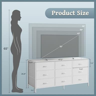 Huuger 9 Drawer Dresser, 47 Inch TV Stand for 50, 55 Inch TV, Entertainment Center with Drawers, Fabric Dresser Chest of Drawer for Bedroom, Closet, PU Leather Surface, White - Image 3