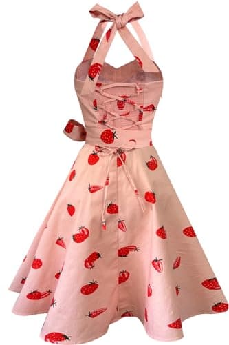 Topdress Women's Vintage Polka Audrey Dress 1950s Halter Retro Cocktail Dress Strawberry L - Image 2