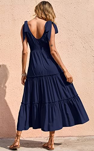 PRETTYGARDEN Women's Dress Spaghetti Strap Shoulder Knot Wrap Neck Summer Dresses Ruffle Hem Smocked High Waist Sleeveless Tiered Maxi Dress (Navy,Large) - Image 4