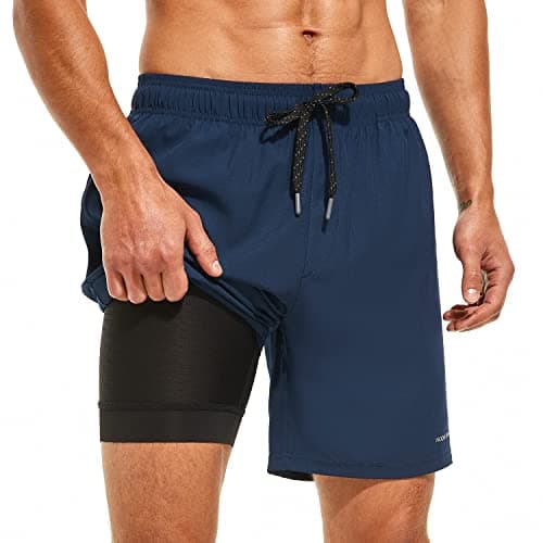 HODOSPORTS Mens Swimsuit Trunks 7" Quick-Dry Swim Shorts with Compression Liner and Zipper Pockets (Large,Navy) - Image 1