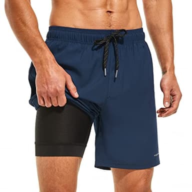HODOSPORTS Mens Swimsuit Trunks 7" Quick-Dry Swim Shorts with Compression Liner and Zipper Pockets (Large,Navy) - Image 1