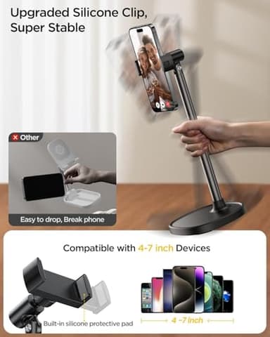 DIMONCOAT Phone Stand for Desk, Angle Height Adjustable Phone Holder for Desk, Aluminum Alloy Universal iPhone Holder, Retractable Cell Phone Stand Recording Office for iPhone 17 16 15 Pro Max Air - Image 5