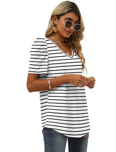 Black and White Striped Shirt Women Summer Casual Puff Sleeve Tops Curved Hem L - Image 3