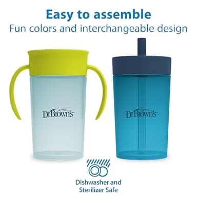 Dr. Brown's Milestones Straw to 360° Cup Set, Convertible Toddler Training Cup Set with Interchangeable Silicone Straw and 360 Degree Cup Lids, Blue Green, 10 oz/300 mL, BPA Free, 9m+, 2 Pack - Image 7