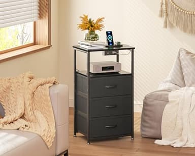 Casaottima Night Stand Set 2, Bedside Tables with Charging Station, LED Nightstand with Fabric Drawers, End Table with Open Shelf, Nightstand for Bedroom, Black - Image 6
