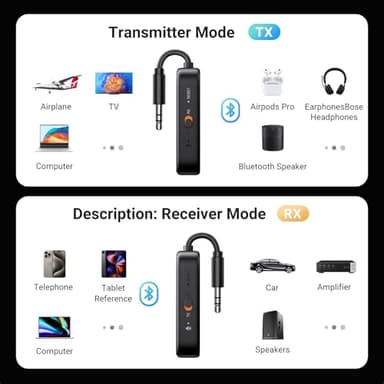 UGREEN Airplane Bluetooth Transmitter Receiver for 2 Airpods or Headphones, Airplane Travel Essentials 2-in-1 Wireless Bluetooth Adapter-Use with Any 3.5MM Jack on Flight, TV, Car Stereo, Treadmill - Image 2