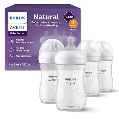 Philips Avent Natural Baby Bottles with Natural Response Nipples (Medium Flow, Flow 3), 9oz, 4-Pack, SCY903/04 - Image 1