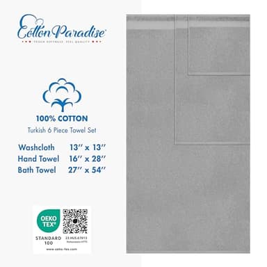 Cotton Paradise 6 Piece Towel Set 100% Cotton Soft Absorbent Turkish Towels for Bathroom 2 Bath Towels 2 Hand Towels 2 Washcloths Light Gray Towel Set - Image 4