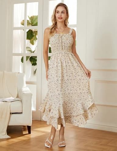 GRACE KARIN Women's 2025 Summer Floral Boho Dress Square Neck Strapped Swing A Line Sundress Beach Long Maxi OutfitsLight Yellow M - Image 8