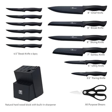Knife Set, HUNTER.DUAL 15 Pcs Kitchen Knife Set with Block Self Sharpening, Dishwasher Safe, Anti-slip Handle, Black - Image 2
