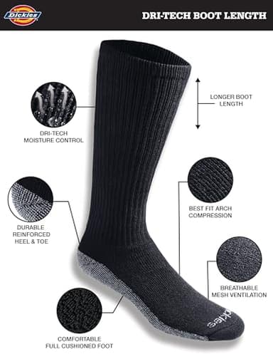 Dickies Men's Dri-Tech Moisture Control Boot-Length Socks, 6 & 12 Pairs, Sizes L-XL, Black (12 Pairs), Large - Image 2