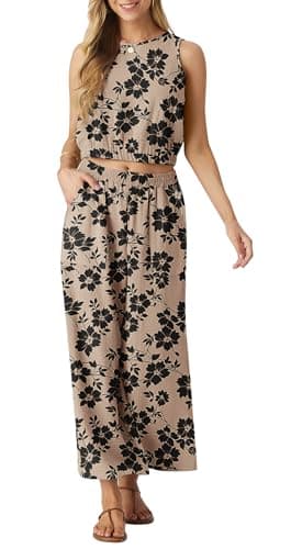 GRECERELLE Two Piece Sets for Women Sleeveless Crop Top Wide Leg Pants Sweat Set for Women 2025 Summer Khaki Black Flower-S - Image 2