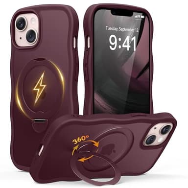 for iPhone 13 Case & iPhone 14 Case for Women,[Compatible with Magsafe][360° Spin Magnetic Stand][Cute Wave Edge][Military-Grade Protection]Translucent Matte Phone case for iPhone 13/14, Burgundy - Image 1