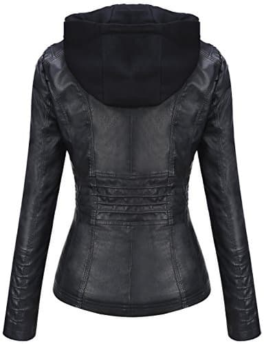Tanming Womens Faux Leather Jacket Hooded Moto Biker Coat Outerwear Fall Fashion Outfits Winter Clothes - Image 2