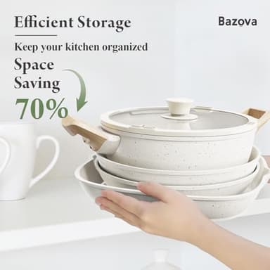 Bazova 19 Pcs Pots and Pans Set Non Stick Ceramic Cookware Set with Removable Handles, Non Toxic Induction Kitchen Cookware Sets RV Cookware,Dishwasher/Oven Safe PFAS/PTFE/PFOA Free Cream White - Image 3