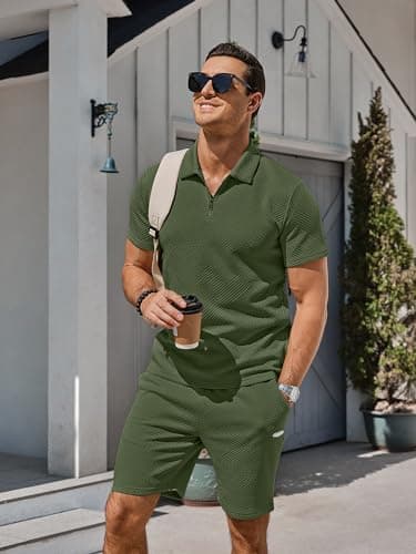 PLEPAN Two Piece Summer Sets for Men Golf Tracksuit 2 Piece Outfits Casual Polo Shirts and Shorts workout sets Army Green XL - Image 3