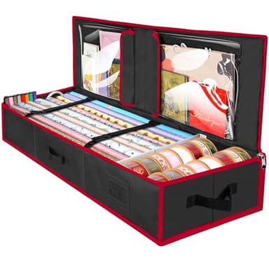 BALEINE Wrapping Paper Storage Organizer, 40" Durable 600D Oxford Fabric Gift Wrap Storage Bag with Flexible Partitions for Ribbon, Holiday Accessories (Black/Red) - Image 1