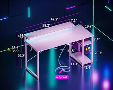 MOTPK 48 Inch Gaming Desk with Storage & Led Lights, Computer Desk with Power Outlet & Shelf, Reversible Gamer Desk with Adjustable Monitor Stand, Carbon Fiber Texture Pink - Image 3