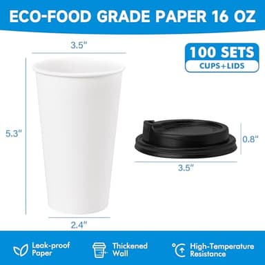 RACETOP Coffee Cups with Lids 16 oz 100 Pack, Disposable Paper Cups with Lids, To Go Hot Cups for Home/Office - Image 2