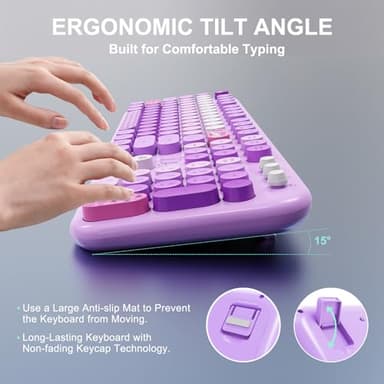 FOPETT Wireless Keyboard and Mouse Combo - 2.4G Full-Sized Cute Colorful Retro Keyboard with Round Keycaps 104 Keys Typewriter Keyboard for Laptop/Windows/PC-Purple Colorful - Image 3