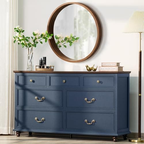 Joaxswe Farmhouse 54" 7 Drawers Dresser for Bedroom, Wide Chest of Drawers w/ 4 Wooden Legs, Vintage Rustic Large Closet Storage Dressers Organizer for Hallway, Wood TV Stand for Living Room, Blue - Image 1