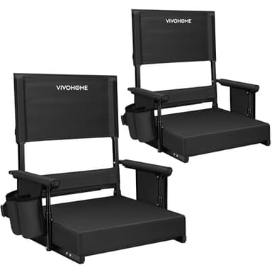 VIVOHOME Height Adjustable High Back Stadium Seats with Back Support and Cushion, 2 Pack Portable Bleacher Chairs with Cup Holder and Shoulder Strap, Black - Image 1