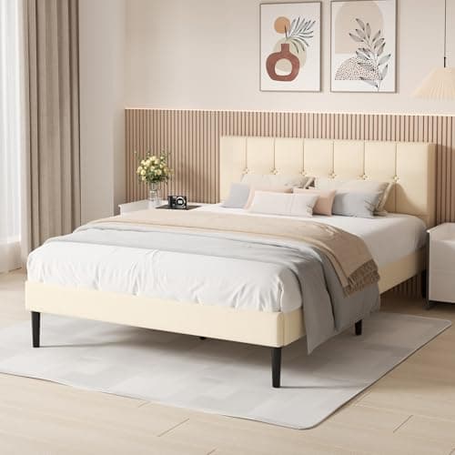 UNIZONE Queen Bed Frame with Button Tufted Headboard, Velvet Upholstered Platform Bed Frame, Mattress Foundation with Wooden Slat Support, Noise Free, No Box Spring Needed, Easy Assembly, Beige - Image 1