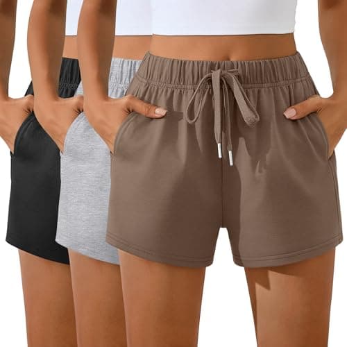 Neer 3 Pack Women's Sweat Shorts, High Waisted Athletic Short Casual Comfy Lounge Workout Shorts with Drawstring Pocket(Large,Black, Coffee, Light Gray) - Image 1