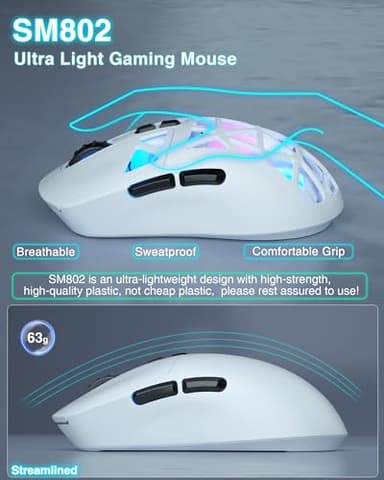 SOLAKAKA SM802 White Wireless Gaming Mouse,10000 DPI,Tri-Mode Wired/BT 5.0/2.4GHz Wireless Mouse Gaming with Side Button,RGB Programmable Macro Mouse for Laptop - Image 7