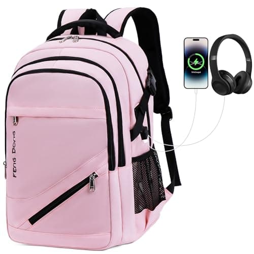 FENGDONG Large Laptop Backpack 17.3 inch Waterproof Travel College Backpack Bookbag,Crossbody Sling Bags for Men & Women Business Backpack Light Pink - Image 1