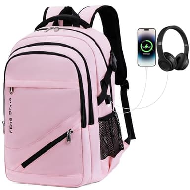 FENGDONG Large Laptop Backpack 17.3 inch Waterproof Travel College Backpack Bookbag,Crossbody Sling Bags for Men & Women Business Backpack Light Pink - Image 1