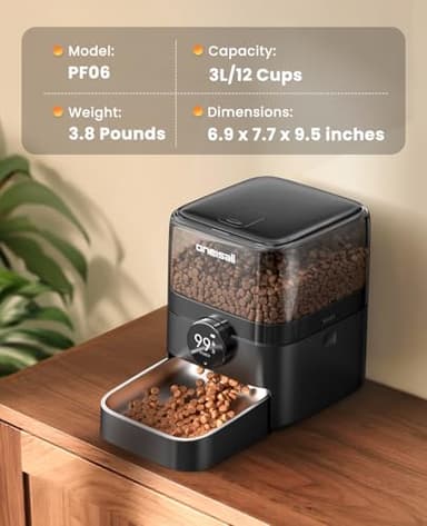 oneisall Cordless WiFi Automatic Cat Feeder, Tasty S2 Pro Rechargeable 100-Day Battery Operated Pet Feeder, 12 Cups/3L Timed Cat Food Dispenser for Large Kibble, Smart App Control (Black) - Image 8