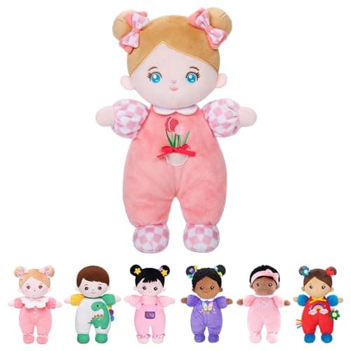 OUOZZZ Soft Baby Doll for Girls - My First Baby Doll Birthday Gifts for Girls Plush Rag Dolls Tulip Pink Dress Toy for Toddlers Kids Infants 10" - Image 1