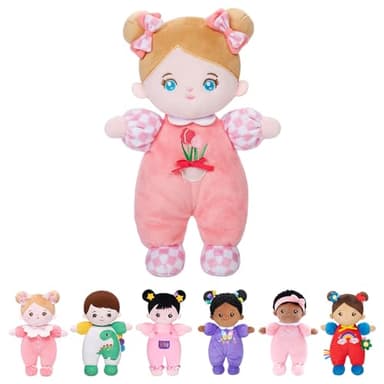 OUOZZZ Soft Baby Doll for Girls - My First Baby Doll Birthday Gifts for Girls Plush Rag Dolls Tulip Pink Dress Toy for Toddlers Kids Infants 10" - Image 1
