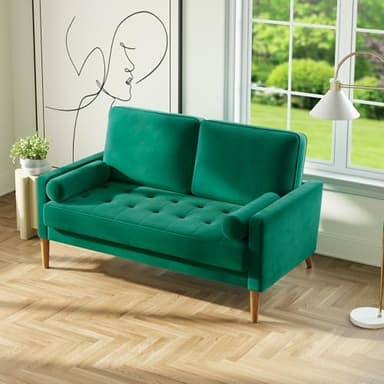 Vesgantti 56" Green Velvet Couch, Comfy Couch with Spring Cushions, Sturdy Wooden Small Sofa for Small Spaces, Modern 2 Seater Sofa with Tufted Seat, Living Room Loveseat - Image 2
