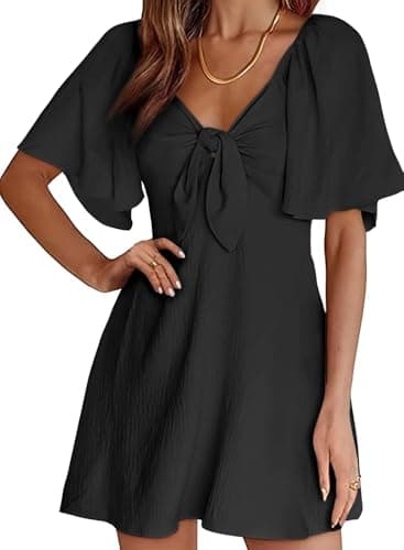 Dokotoo Plus Size Wedding Guest Summer Black Dresses 2025 Fall Fashion Women's Clothing Casual V Neck Ruffle Short Sleeve Womens Dresses Holiday Party Cocktail Tank Dress Mini Dress - Image 1