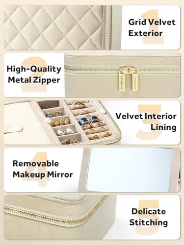 Lumayina Velvet Travel Jewelry Box with Large Mirror, Double-Layer Jewelry Organizer Case for Women and Girls, Portable Storage Case with 6 Anti-Tarnish Bags Gift Ready for Her (Beige) - Image 5