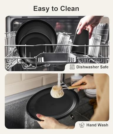 Quatish 24 Piece Plates and Bowls Sets for 6, Unbreakable Dinnerware Sets, Plastic Dish Set for Camping, Dishwasher Microwave Safe, Outdoor Kitchen and Apartment Dinning RV Essentials, Black - Image 4