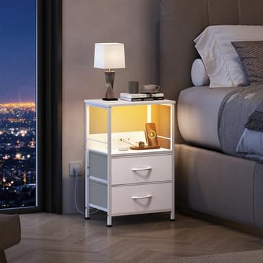 WLIVE White Night Stand with Charging Station, LED Nightstand with 2 Fabric Drawers and Storage Shelf, Dorm Bedside Table End Table with 2 USB Ports and Outlets, Small Dresser for Bedroom - Image 2