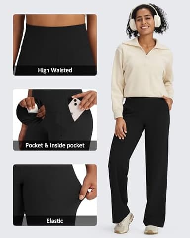 G4Free Wide Leg Pants Woman Yoga Pants with Pockets Loose Casual Stretch Sweatpants (Black,M,29") - Image 3