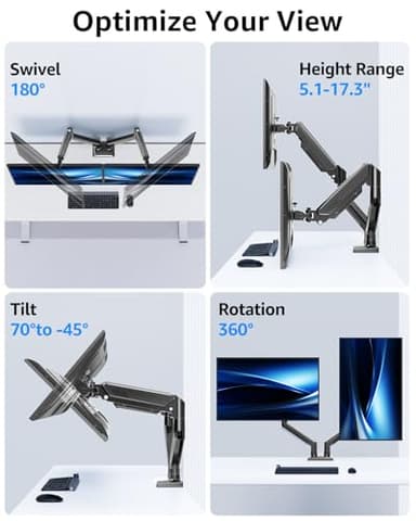 Dual Monitor Stand fits up to 32 inch, 4.4-22 lbs Computer Screens, Dual Monitor Desk Mount Height Adjustable, Monitor Arms for 2 Monitors, Home Office VESA Mounts with Gas Spring, Freelift Black - Image 4