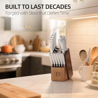 KnifeSaga Knife Set, Premium 15 Piece Japanese High Carbon Stainless Steel Knives Set for Kitchen with Block and Sharpener, Razor Sharp Kitchen Knife Block Sets with Ergonomic Full-tang Handle, White - Image 7