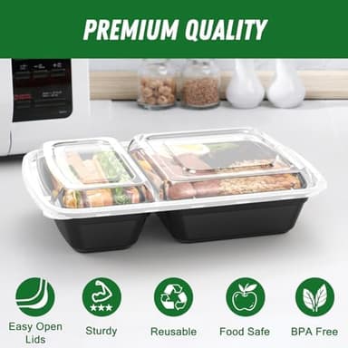 50 Pack (100-Piece) 28 oz Meal Prep Containers Reusable with Lids 2-Compartment, Sturdy Leakproof Food Safe, Microwave Freezer Dishwasher Safe, To Go Take Out Plastic Food Storage, Black - Image 4