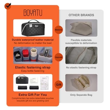 BOYATU Travel Makeup Bags for Women: Vegan Leather Cosmetic Bag Set of 3 - Large Capacity Make up Bag with Divider - Wide Open Waterproof Toiletry Organizer Bag with Handle (L13-Black) - Image 2