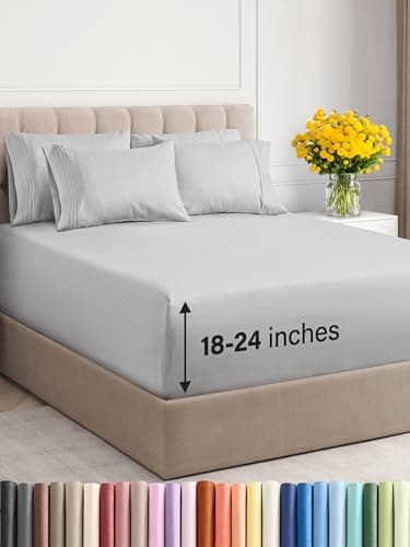 Extra Deep Cal King Sheet Set - 6 Piece Breathable & Cooling Sheets - Hotel Luxury Bedding Set 18-24 Inch Extra Deep Pockets - Easy Fit, Super Soft, Wrinkle Free & Comfy - French Grey, Cal King Size - Image 1