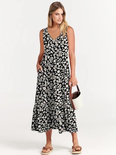 ANRABESS Womens Summer Maxi Dresses Fit & Flare Flowy V Neck Sleeveless Swing Casual Tiered Beach Sundress with Pockets Black with Floral White Large - Image 6